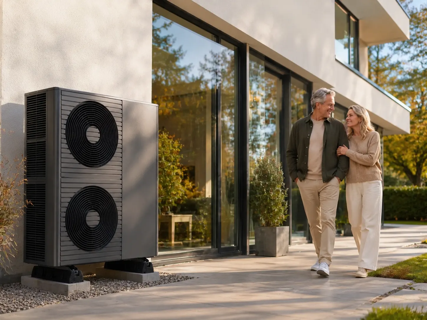 Modernes Einfamilienhaus mit Außeneinheit einer Wärmepumpe